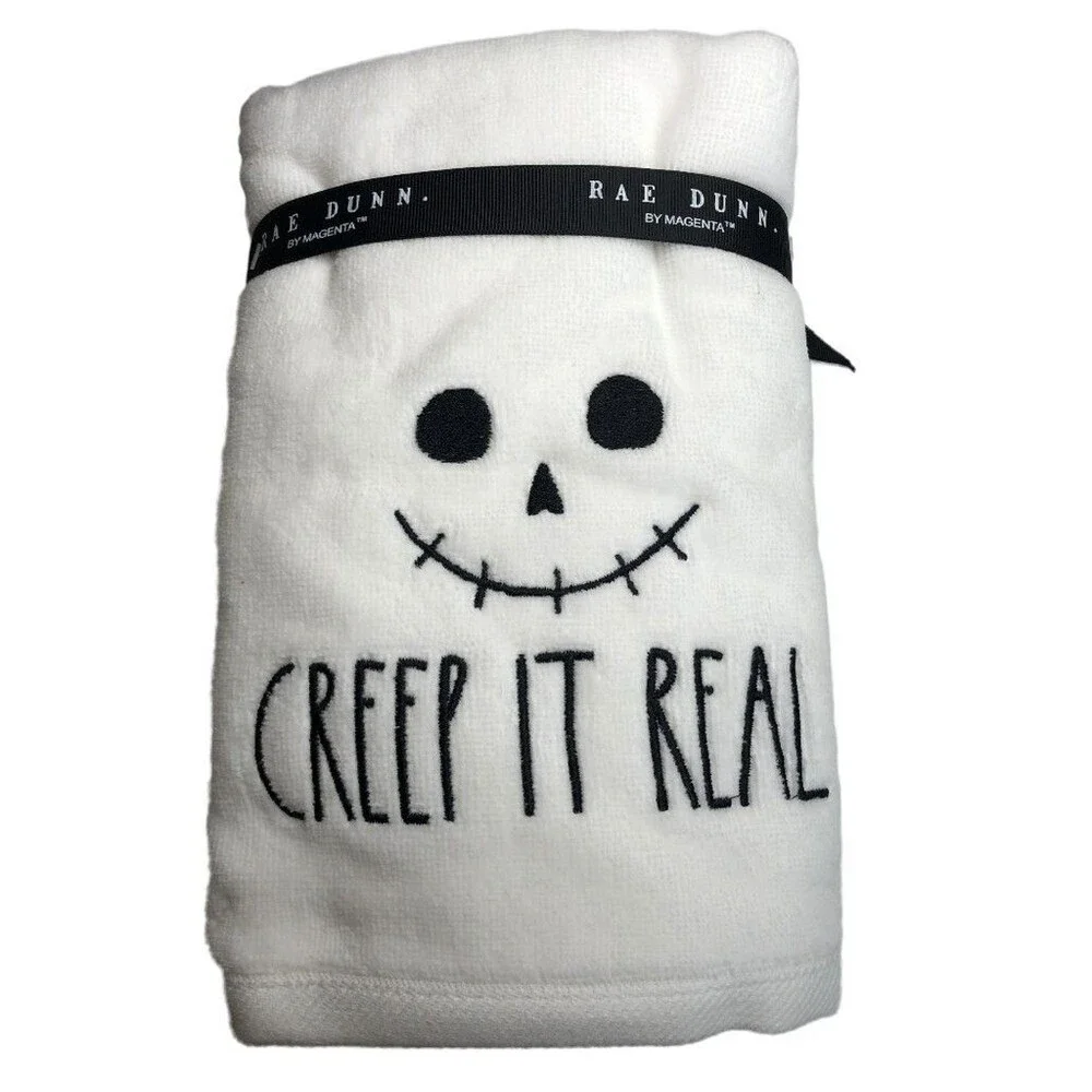 Rae Dunn Halloween Hand Towels Set of 2 Creep It Real Skull Embroidered White